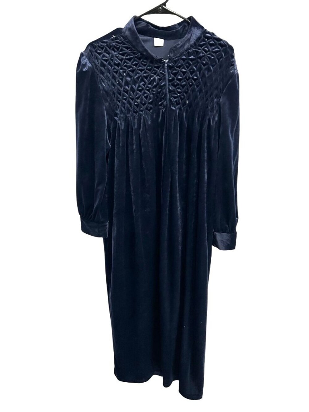 Vintage Petite Large Navy Blue Velvet Robe Quilted Detail Long Sleeves Full Zip
